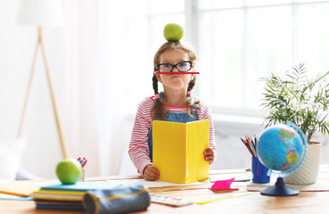funny child  girl  doing homework writing and reading at home.