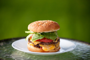 Big cheeseburger with melted cheddar cheese and sesame seed bun