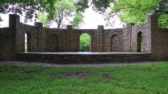 An old building with a stage