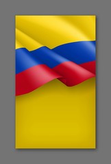 Obraz premium Colombian patriotic festive flyer with tricolor. Realistic waving colombian flag on yellow background. Colombia republic day vector card with empty space. Independence, democracy and freedom