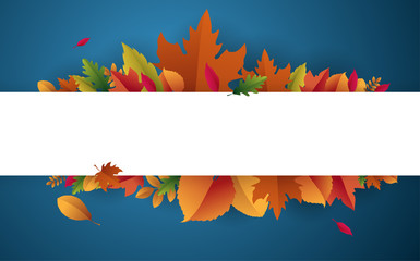 Naklejka na ściany i meble Blue autumn banner with beautiful fallen leaves.