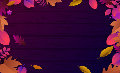 Fototapeta na wymiar Purple wooden textured autumn background with beautiful leaves.