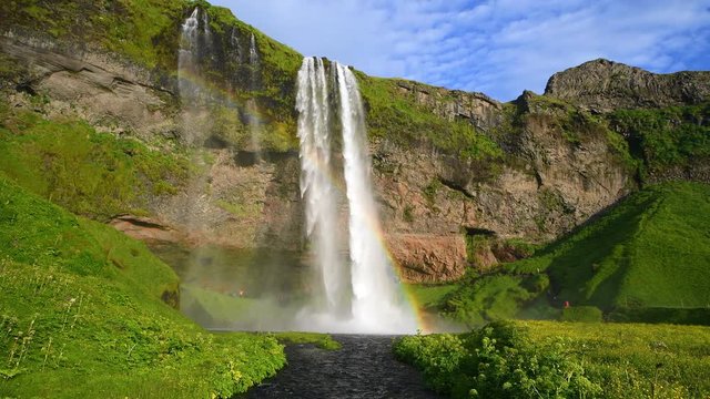 Famous Seljalandsfoss waterfall (Iceland; 4K)