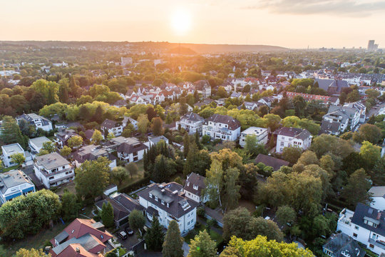 Aerial drone view of streets in Bonn bad godesberg the former capital of Germany with typical german house neighbourhood