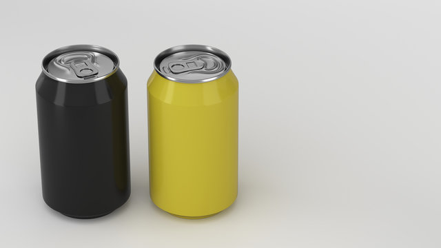 Two small black and yellow aluminum soda cans mockup on white background