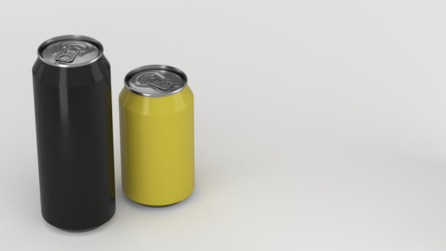 Big black and small yellow aluminum soda cans mockup