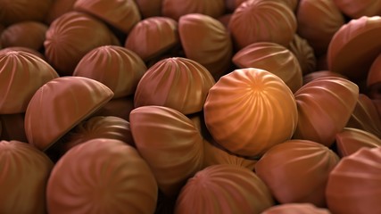 Naklejka premium Background of chocolate sweets. Bunch of candies close up. Confectionery. 3D render.