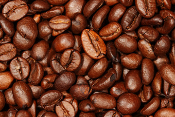 Close up of coffee beans texture background, selective focus
