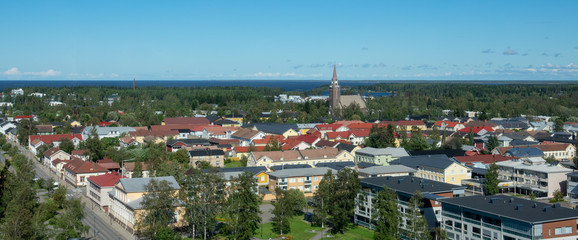 Church and other buildings in the center of Raahe town