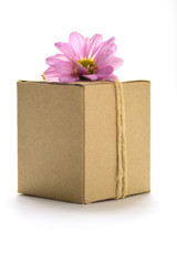 brown gift box with Chrysanthemums flower on white background isolated with clipping path