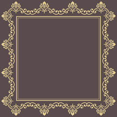 Classic square golden frame with arabesques and orient elements. Abstract ornament with place for text. Vintage pattern