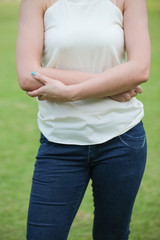 Closeup photo of Women wear blue jeans