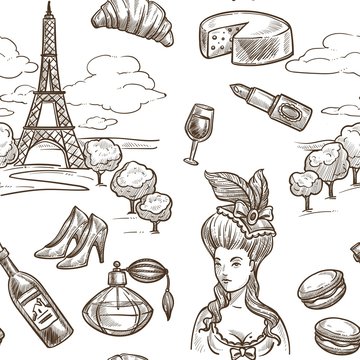 France Paris vector sketch seamless pattern