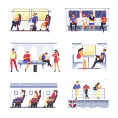 Passenger people in public transport. Vector faceless man and woman