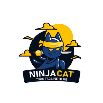 Animal Ninja Cat Logo Icon Badge E-sport Mascot With Katana Samurai Character Illustration Sticker