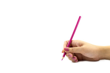 Female hand holdding pink color pencils isolated