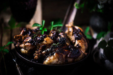 Quail with blackberry sauce.darck rustic photo