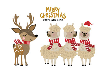 Cute alpaca and deer wear Christmas costume. Animal holiday cartoon character. 