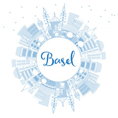Outline Basel Switzerland City Skyline with Blue Buildings and Copy Space.