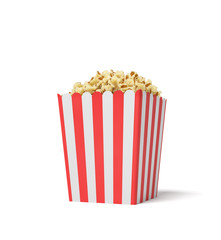 3d rendering of a square striped popcorn bucket filled with this snack over the brim on a white background.