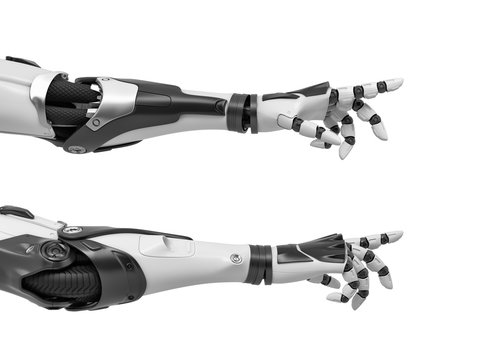 3d rendering of two black and white robotic hands reaching out with its fingers as if to touch something.