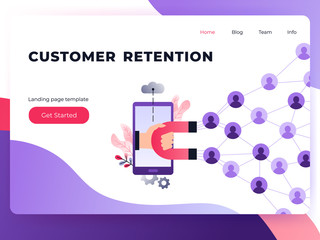 Social media ultra violet landing page template with magnet engaging followers and likes. Influence marketing or viral advertising campaign. Audience or customer retention strategy.
