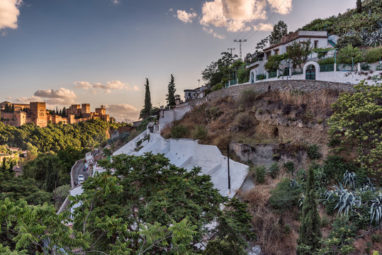 Sunset view over Granada and Alhambra Palace, Andalucia, Spain