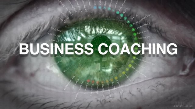 Close up of an eye focusing on Business Coaching concept on a futuristic screen.