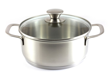 Stainless steel pot with glass cover isolated on white