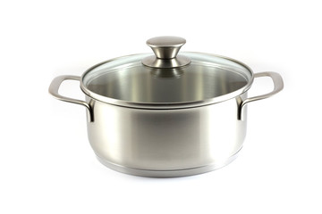 Stainless steel pot with glass cover isolated on white