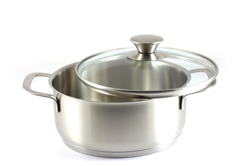 Stainless steel pot with glass cover isolated on white
