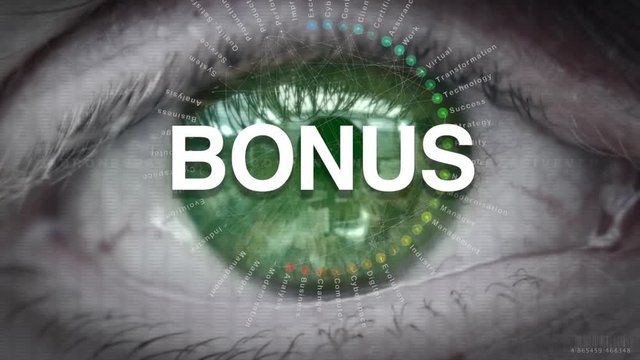 Close up of an eye focusing on Bonus concept on a futuristic screen.