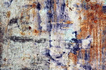 Eroded metal texture. Rusty Colored Metal with cracked paint, grunge blue, white, brown background
