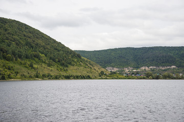 View of the Zhiguli mountains in the Samara region, Russia. Cloudy day, August 10, 2018
