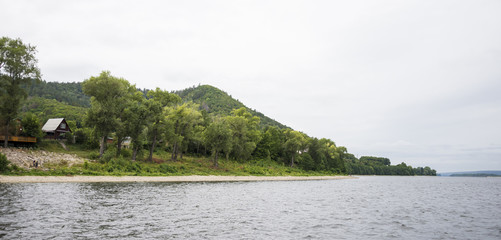 View of the Zhiguli mountains in the Samara region, Russia. Cloudy day, August 10, 2018