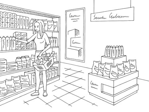 Grocery store shop interior black white graphic sketch illustration vector. Woman buying products