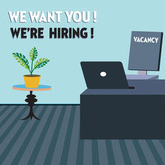 Colorful illustration with an empty office with a desk, laptop and a vacant chair. Hiring concept