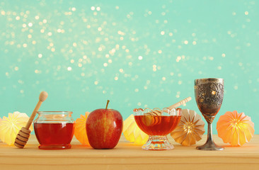 Rosh hashanah (jewish New Year holiday) concept. Traditional symbols.