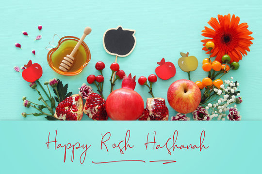 Rosh hashanah (jewish New Year holiday) concept. Traditional symbols.