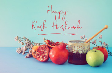 Rosh hashanah (jewish New Year holiday) concept. Traditional symbols. © tomertu