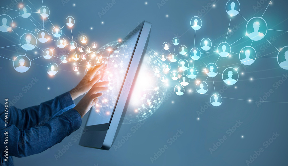 Aufkleber Businessman touching global structure networking and data exchanges customer connection on interface digital screen, technology business and communication.