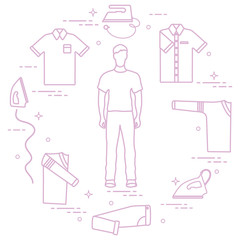 Silhouette of a man, irons and different clothes.