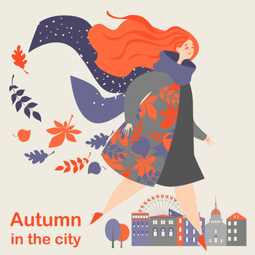 Autumn in the city. Symbolic image. Beautiful girl on a background of an autumn city landscape