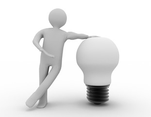 Businessman leaning on light bulb . 3d rendered illustration