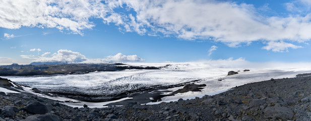 A panoramic view of Myrdalsjokull Glacier in summer.