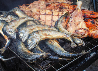 Tuna fish and the other meat grill on the stove, Close up image