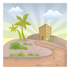 landscape cartoon illustration with palm trees and building