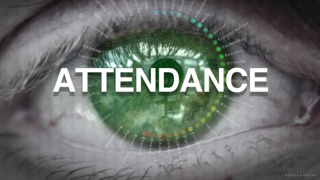 Close up of an eye focusing on Attendance concept on a futuristic screen.