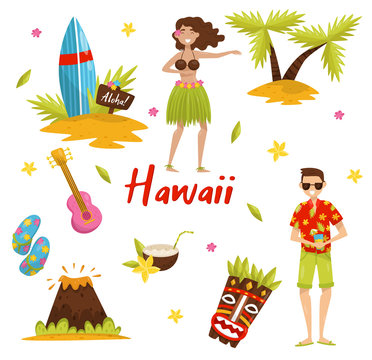 Traditional symbols of Hawaiian culture set, surfboard, palm tree, volcano, tiki tribal mask, ukulele vector Illustrations on a white background