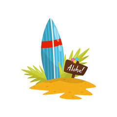 Surfboard and signboard with Aloha word, surfboard on tropical Hawaiian beach vector Illustration on a white background © Happypictures